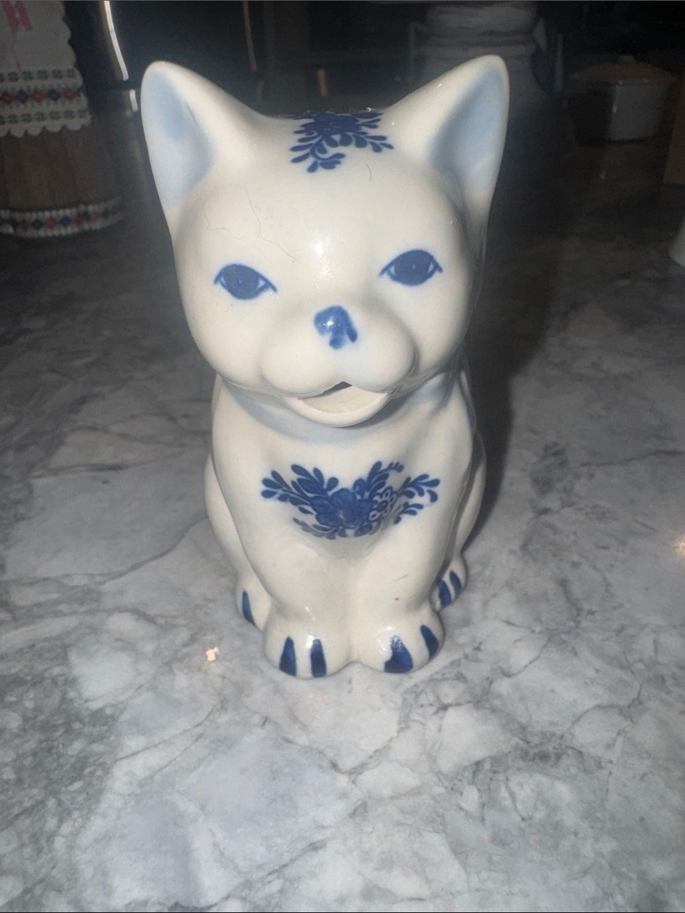 White and Blue Porcelain Cat Figurine